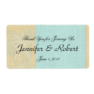 Cream Linen Blue Palm Trees Water Bottle Label