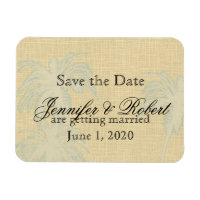 Cream Linen Blue Palm Trees Wedding Save the Date