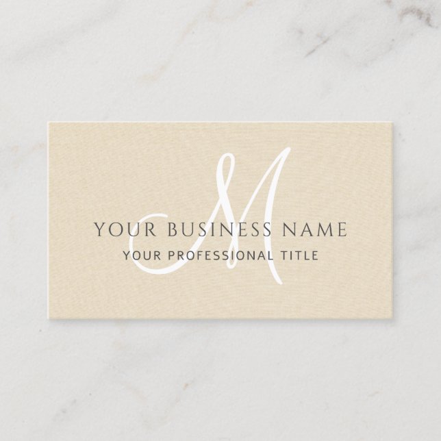 Cream Linen Simple Minimal Monogram Business Card (Front)