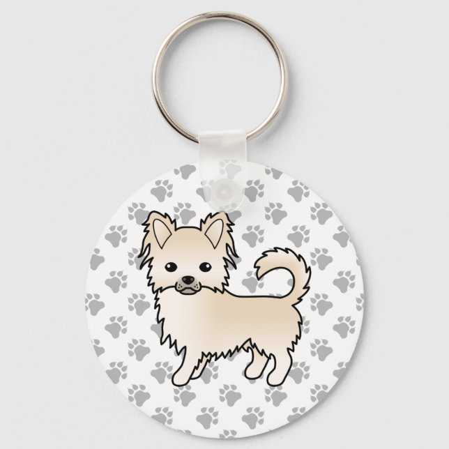 Cream Long Coat Chihuahua Cartoon Dog & Paws Key Ring (Front)