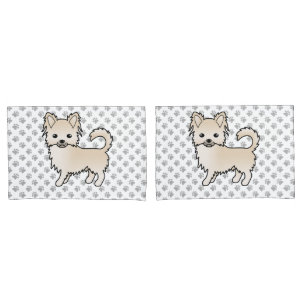 Cream Long Coat Chihuahua Cartoon Dog & Paws Pillowcase