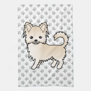 Cream Long Coat Chihuahua Cartoon Dog & Paws Tea Towel
