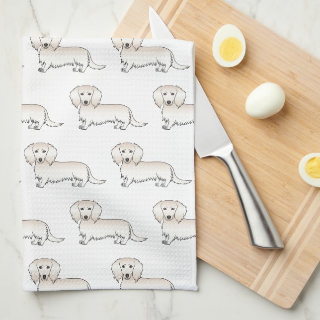 Cream Long Hair Dachshund Cute Cartoon Dog Pattern Tea Towel (Quarter Fold)