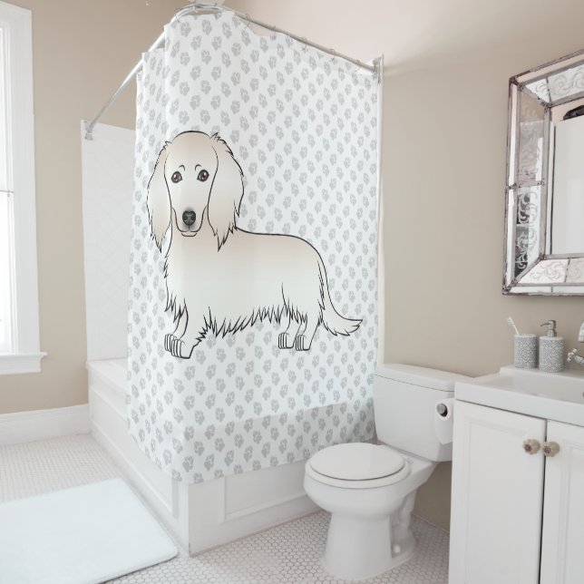 Cream Long Hair Dachshund Cute Cartoon Dog & Paws Shower Curtain (In Situ)
