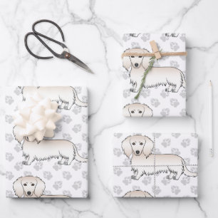 Cream Long Hair Dachshund Cute Dog Pattern & Paws Wrapping Paper Sheet