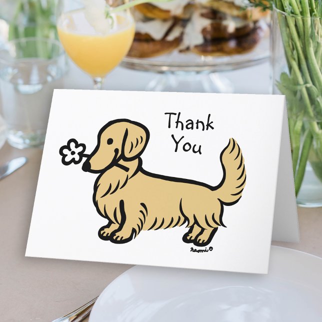 Cream Long Haired Dachshund Tiny Flower Thank You Card (Long Haired Cream Dachshund Tiny Flower Thank You Card for Doxie owners.  Cute Dog Cartoon.)