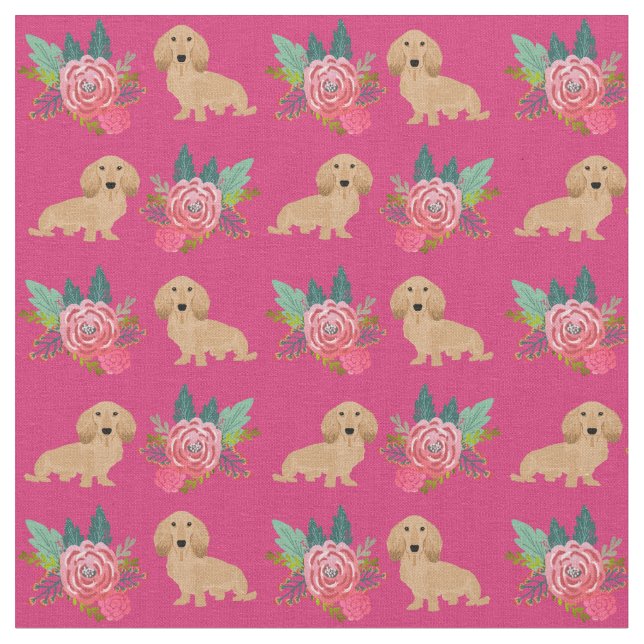 Cream longhaired Dachshund magenta florals Fabric (Close Up)
