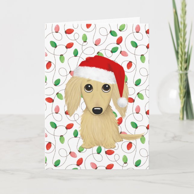 Cream Longhaired Dachshund Santa Dog Christmas Holiday Card (Front)