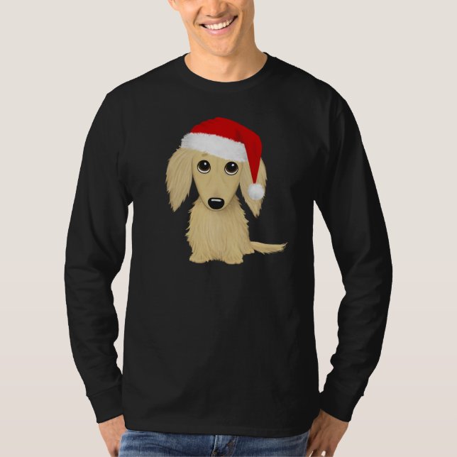 Cream Longhaired Dachshund Santa Dog Christmas T-Shirt (Front)
