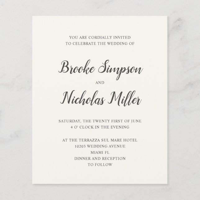 Cream LOW COST Simple Handwritten Minimal Wedding (Front)