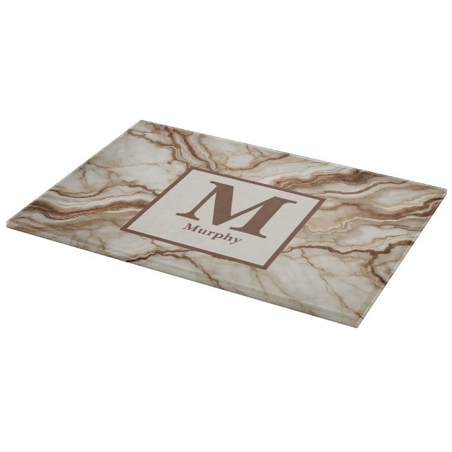 Cream Marble & Brown Vein Monogram  Cutting Board (Corner)