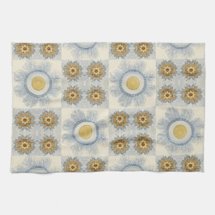 Cream Marine Botanical Chequered Pattern Tea Towel