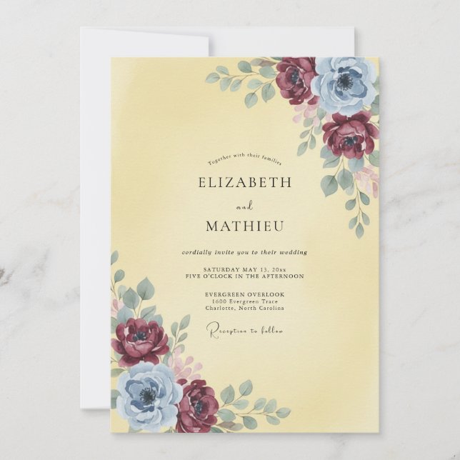 Cream Maroon Watercolor Rose Wedding Invitation (Front)