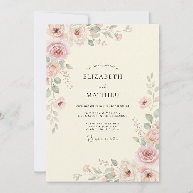 Cream Mauve Painted Leaf Wedding Invitation (Front)