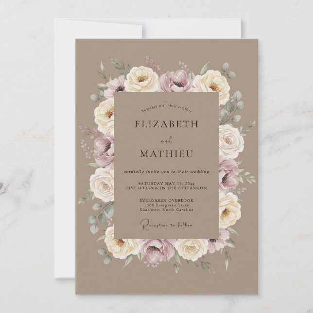 Cream Mauve Rose Wreath Wedding Invitation (Front)