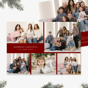 Cream Merry Christmas Five Photo Collage Red Holiday Card