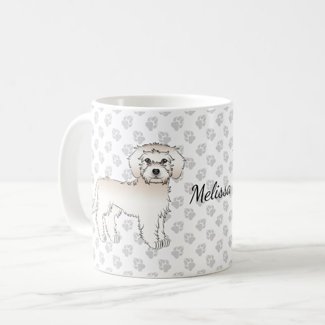 Cream Mini Goldendoodle Cartoon Dog & Name Coffee Mug (Front Left)