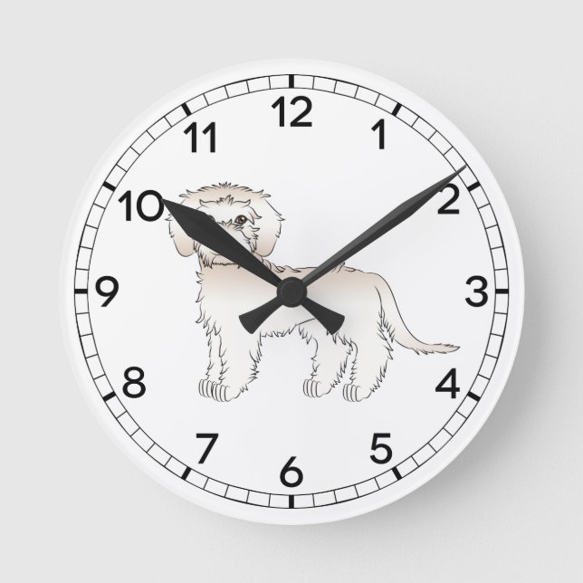 Cream Mini Goldendoodle Cute Cartoon Dog Round Clock (Front)