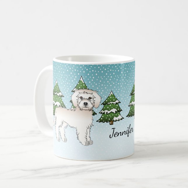 Cream Mini Goldendoodle Dog In A Winter Forest Coffee Mug (Front Left)