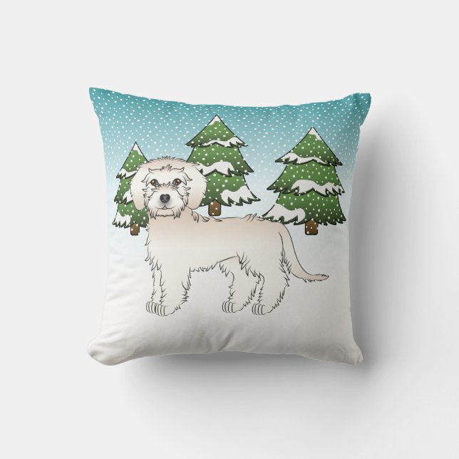 Cream Mini Goldendoodle Dog In A Winter Forest Cushion (Front)