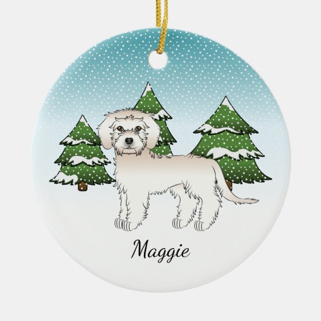 Cream Mini Goldendoodle - Winter Forest & Name Ceramic Tree Decoration (Front)