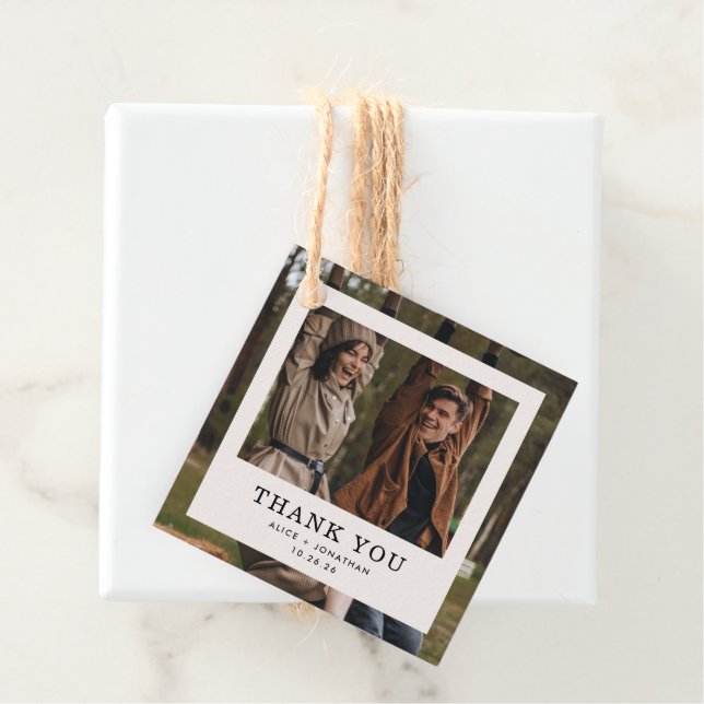 Cream Minimalist Frame Photo Wedding Favour Tags (In Situ)