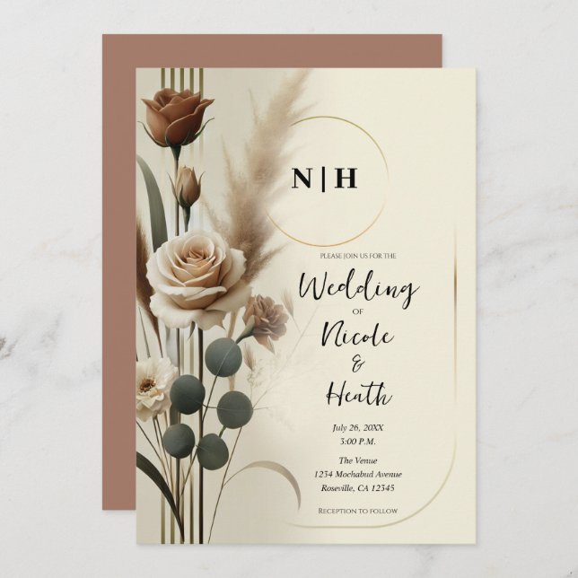 Cream & Mocha Neutral Geometric Floral Wedding Invitation (Front/Back)