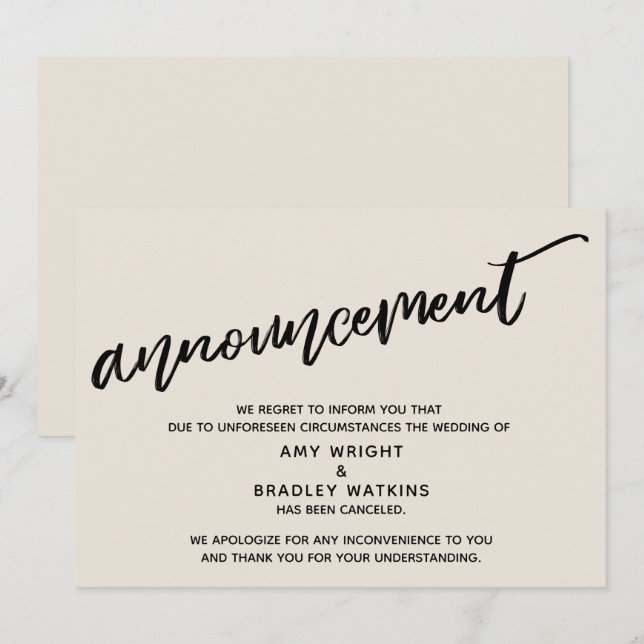 Cream Modern Handwriting Cancelled Wedding Card (Front/Back)