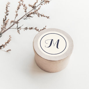 Cream & Navy Blue Calligraphy Initial Monogram Classic Round Sticker