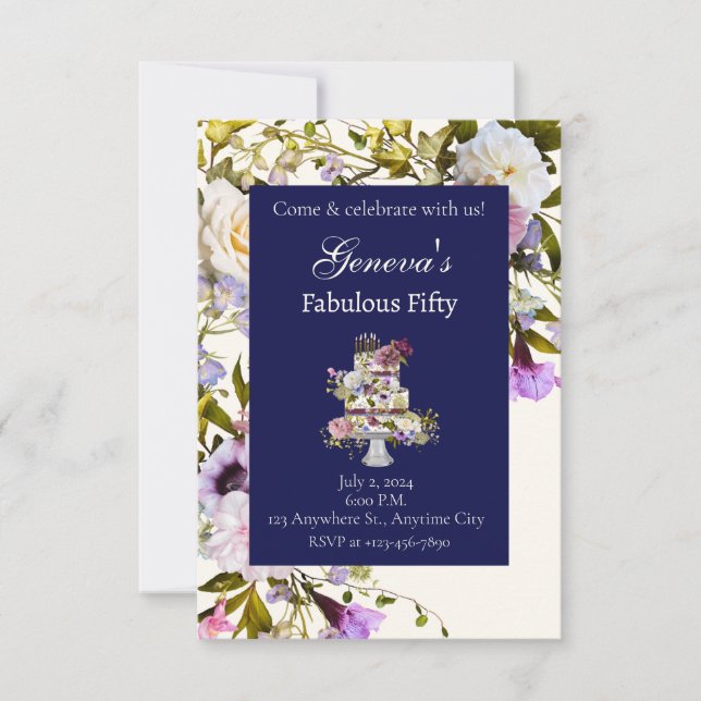 Cream & Navy Floral Cake Birthday Invitation (Front)