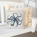 Cream & Navy Vintage Octopus Outdoor Cushion<br><div class="desc">Add vintage nautical style to your patio,  boat or pool area with our outdoor throw pillow in off white,  featuring a navy blue vintage etched style octopus illustration.</div>