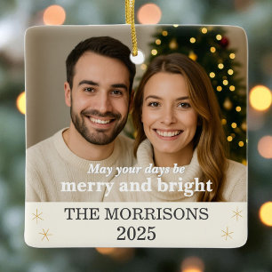 Cream Neutral & Gold Family Photo Snowflake Ceramic Ornament