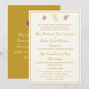 Cream/Ochre Two Hearts Catholic Wedding Invitation
