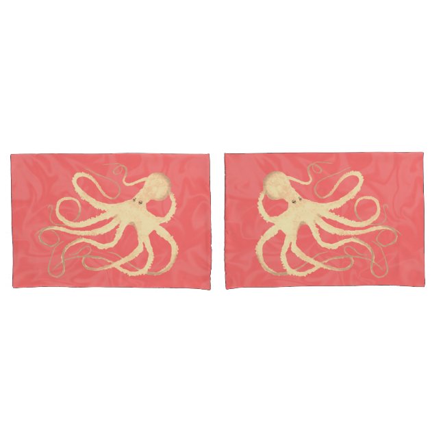 Cream Octopus on Coral - 2 Standard Pillowcases (Front-Set)