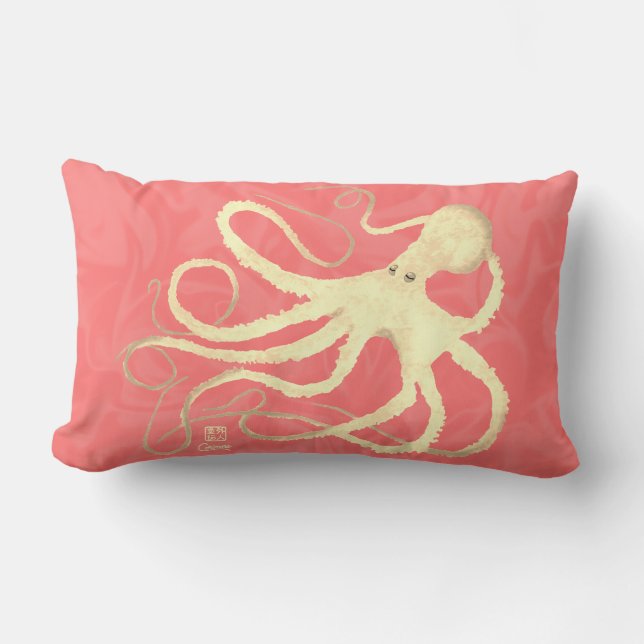 Cream Octopus on Coral - Lumbar Pillow (Front)
