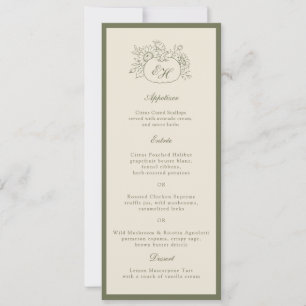 Cream Olive Monogram Wedding Menu Card