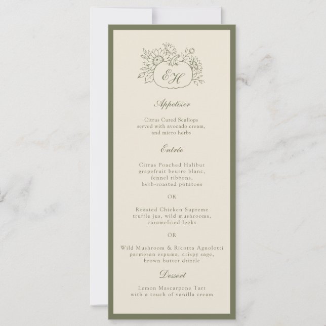 Cream Olive Monogram Wedding Menu Card (Front)