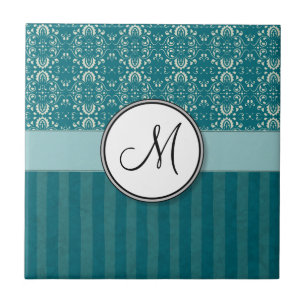 Cream on Teal Damask with Stripes and Monogram Tile