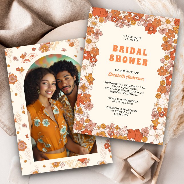 Cream Orange Groovy Retro Wildflower Bridal Shower Invitation (Creator Uploaded)