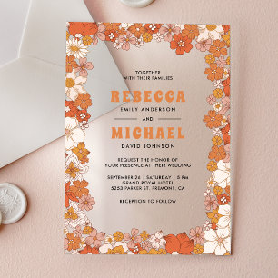 Cream Orange Groovy Retro Wildflower Wedding Acrylic Invitations