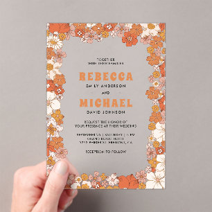Cream Orange Groovy Retro Wildflower Wedding Acrylic Invitations