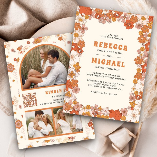 Cream Orange Groovy Retro Wildflower Wedding Invitation (Creator Uploaded)