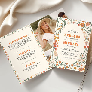 Cream Orange Groovy Wildflower All in One Wedding Invitation