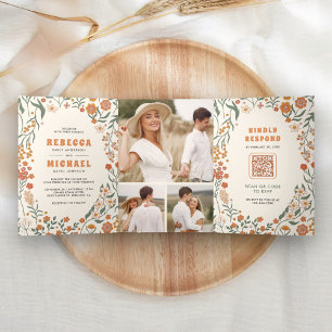 Cream Orange Groovy Wildflower All in One Wedding Tri-Fold Invitation