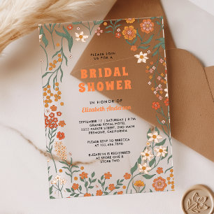 Cream Orange Groovy Wildflower Bridal Shower Acrylic Invitations