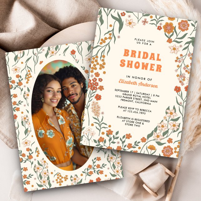 Cream Orange Groovy Wildflower Bridal Shower Invitation (Creator Uploaded)