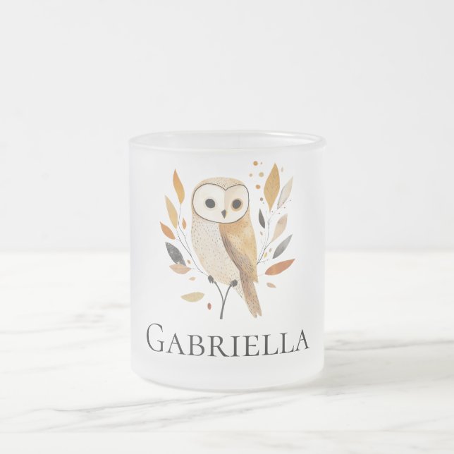 Cream Orange Owl with Leaves Frosted Glass Coffee Mug (Center)