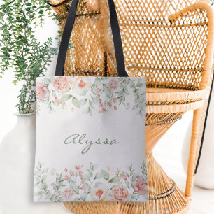 Cream Orange Sage Green Flower Tote Bag
