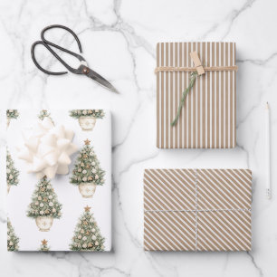 Cream Ornament Christmas Tree Stripes Wrapping Paper Sheet