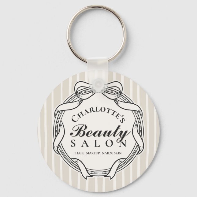 Cream Ornate Bow Frame Beauty Salon Keychain (Front)